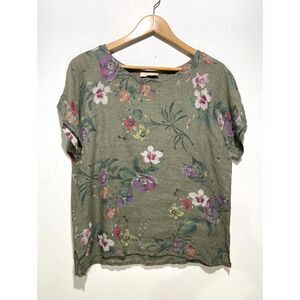 Bellambia linen blouse Italy floral top lagenlook square minimalis green women M